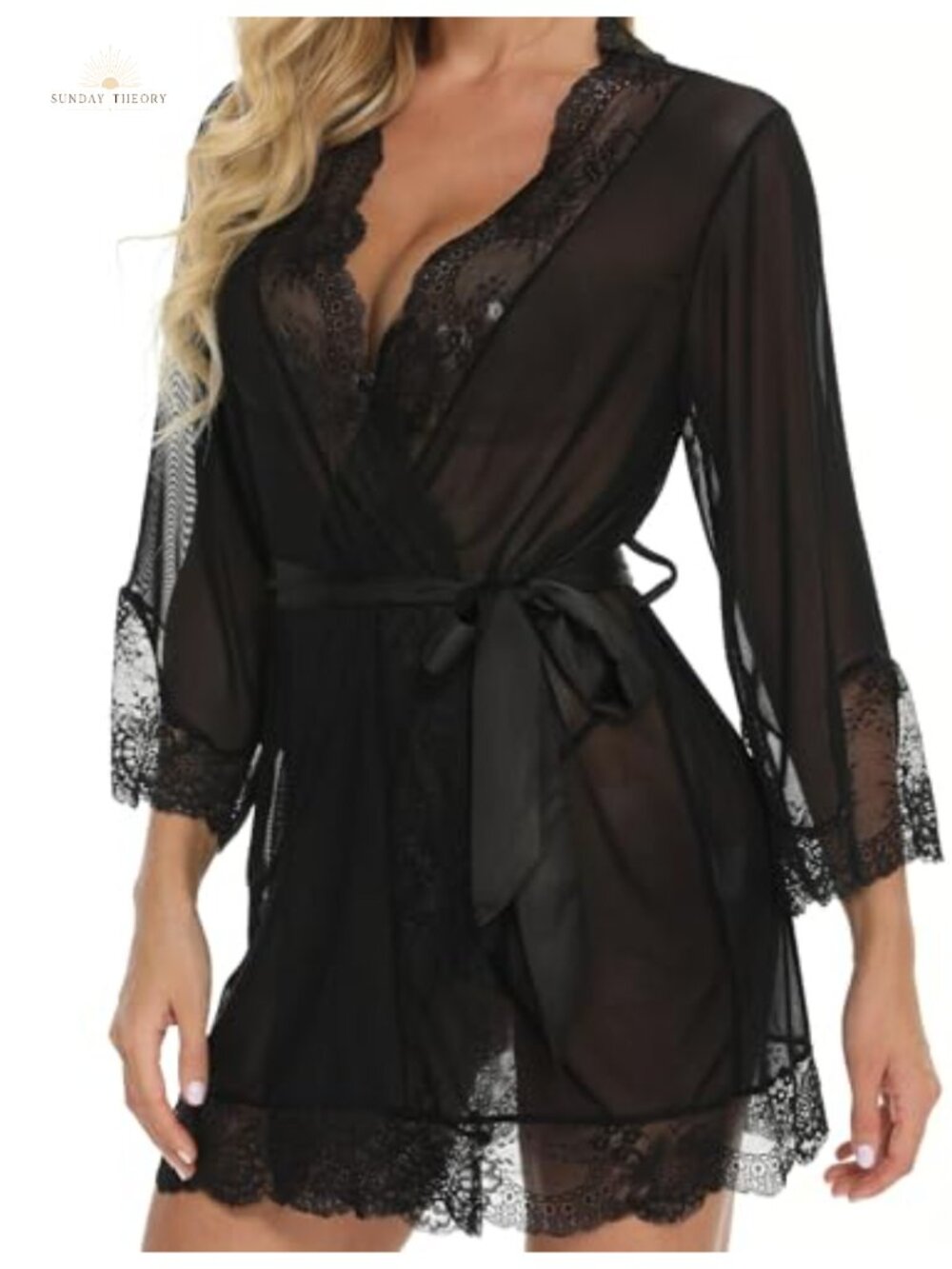 Lace Kimono Robe Babydoll Chemise Set with G-String Satin Belt Women